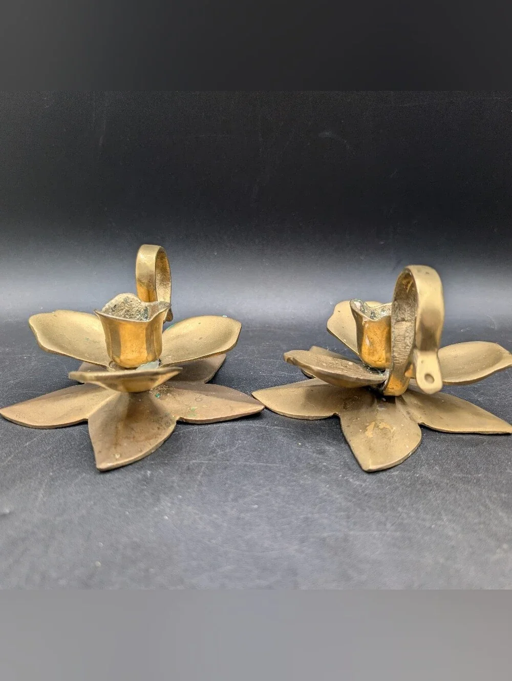 Pair Vintage Brass Orchid Flower Candlestick Holders